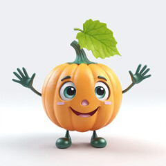 cute 3D pumpkin character mascot, orange color vegetables, happy face, fun and smiling, isolated in light grey background