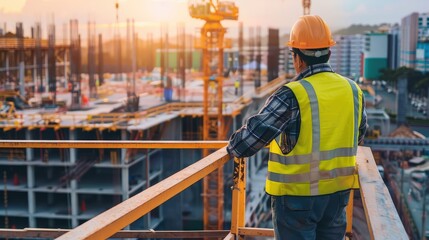 Poster - Construction Worker Overlooking Building Site at Sunset