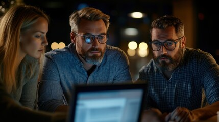Poster - Three individuals focus intently on a laptop screen, collaborating late at night in a cozy workspace illuminated by soft light, revealing their serious expressions and teamwork