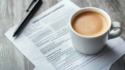 Wall Mural - Top view of a coffee cup next to a stack of documents and a marker, conveying a business review scene. No logo, no people.