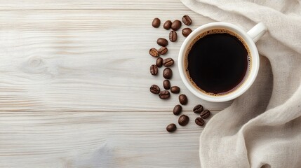 Wall Mural - Top view of a cup of coffee on a light wooden table, with coffee beans scattered around for texture. No logo, no people.