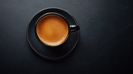 Top view of a cup of coffee on a matte black table, with soft shadows and minimalistic decor. No logo, no people.