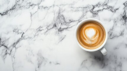 Wall Mural - Top view of a cup of coffee on a white marble table with gray veins, adding a luxurious touch. No logo, no people.