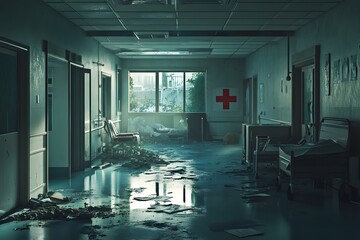 Wall Mural - Post-apocalyptic hospital, its halls eerily silent and filled with the remnants of past emergencies