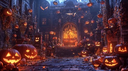 Poster - An eerie Halloween scene with jack-o-lanterns and a glowing window in an old stone building.