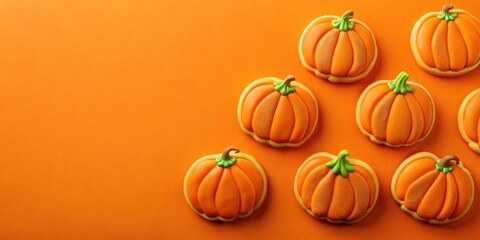 Homemade pumpkin shaped cookies closeup on orange background with copy space top view for Halloween and Thanksgiving holiday food concept