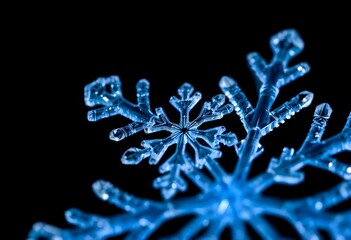 close up of a bright blue crystal snowflake with a complex structure on an black background create with ai