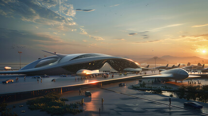 Poster - Futuristic Airport at Sunset