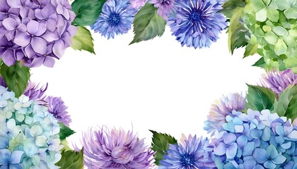 watercolor frame with blue and green hydrangea and purple asters