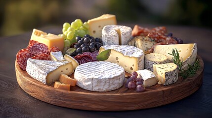 Poster - Assortment of cheeses, grapes, and salami on a wooden platter.