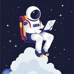 Canvas Print - Astronaut sitting on a cloud in space working on laptop.