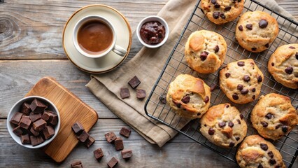 Wall Mural - Overhead view of freshly baked scones topped with homemade chocolate