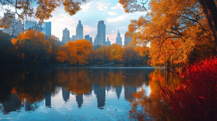 Canvas Print - Autumn foliage reflects on a still lake with a city skyline in the background.