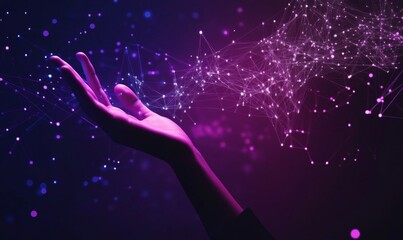 Fototapete - Hand reaching towards abstract digital network symbolizing technology and business growth with purple hues highlighting data science and AI concepts.