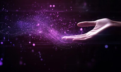 Fototapete - Hand reaching towards abstract digital network symbolizing technology and business growth with purple hues highlighting data science and AI concepts.
