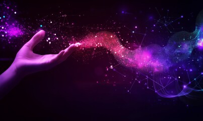 Fototapete - Hand reaching towards abstract digital network symbolizing technology and business growth with purple hues highlighting data science and AI concepts.