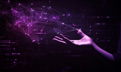 Wall Mural - Hand reaching towards abstract digital network symbolizing technology and business growth with purple hues highlighting data science and AI concepts.