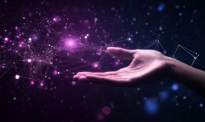 Fototapete - Hand reaching towards abstract digital network symbolizing technology and business growth with purple hues highlighting data science and AI concepts.