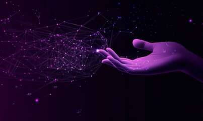 Fototapete - Hand reaching towards abstract digital network symbolizing technology and business growth with purple hues highlighting data science and AI concepts.