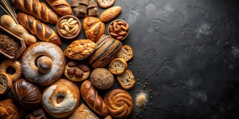 Wall Mural - Freshly baked assortment of goods on a black background with copy space