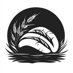 Black and white illustration of two loaves of bread with wheat stalks.