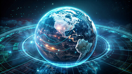 Poster - A digital depiction of Earth surrounded by luminous grid lines and data connections, showcasing a high-tech view of the planet in a starry space environment