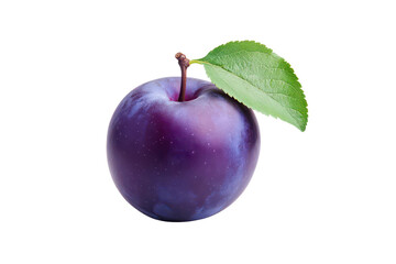 A ripe purple plum with a green leaf, showcasing its natural beauty and freshness, perfect for food and health themes.