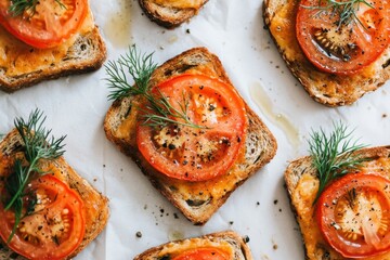 Canvas Print - Fresh tomato dill toasts on light background