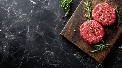 Ground beef burger patties on a wooden board, set against a dark marble surface.