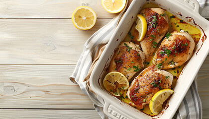 Poster - Delicious chicken breasts with lemon in baking dish on table