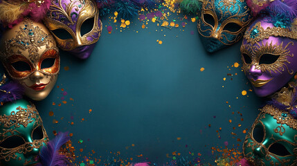 Carnival Party. Venetian masks on green background. Masquerade disguise concept. Festive backdrop for design card, banner, flyer with copy space