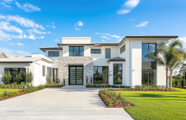 Wall Mural - A modern, sleek two-story home in the South Florida style with stone accents and large windows.