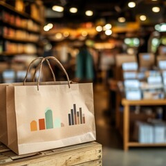 Wall Mural - Brown paper bag with logo sitting on wooden surface in a shop.