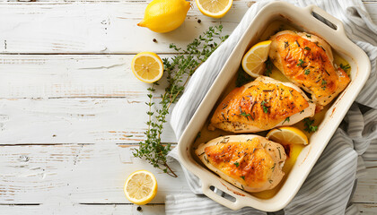 Canvas Print - Delicious chicken breasts with lemon in baking dish on table