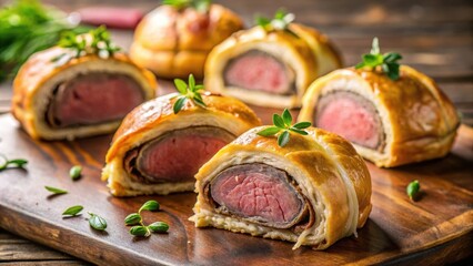 Mini beef Wellington appetizers presented on parchment paper