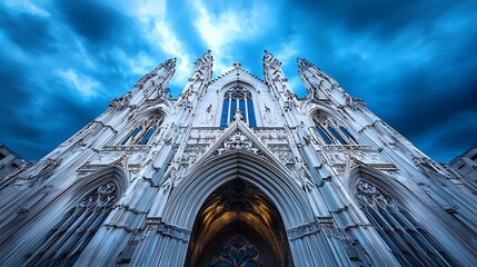 Wall Mural - A dramatic gothic church facade set against a moody sky, highlighting its intricate architecture.