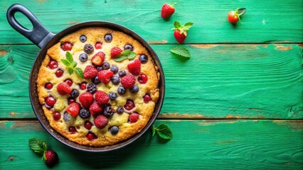 Poster - Mixed berry cornmeal skillet cake on a vibrant green background