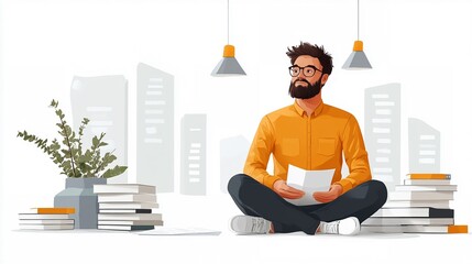 Wall Mural - Thoughtful Man Sitting Among Books in Modern Office Workspace