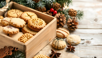 Canvas Print - Box with tasty cookies and Christmas decor on light wooden table