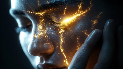 A close-up of a woman's face with glowing patterns, showcasing beauty and a touch of futuristic art.