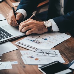 Wall Mural - Businessman working at his desk, analyzing financial charts.