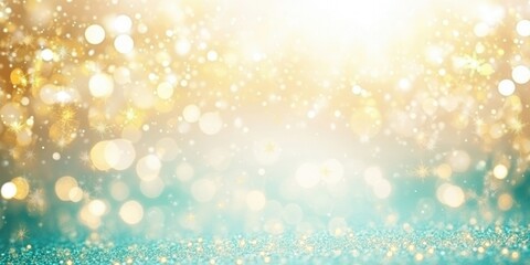 Wall Mural - Glittery gold and teal bokeh lights with shimmering snowflakes, creating a festive, magical background.