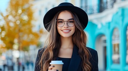 A happy young woman in a black hat and glasses, holding a coffee cup on the street.