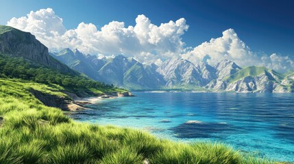 Wall Mural - Beautiful landscape of mountains, clear sea, and vibrant green grasses, set against a blue sky background on a bright, sunny day