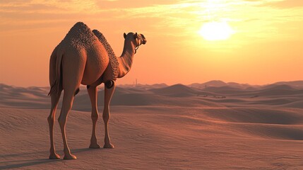 Canvas Print - Camel standing in desert at sunset looking towards the sun.