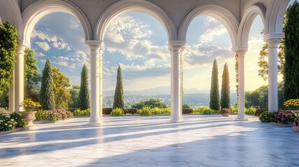 Fototapete - Beautiful outdoor architectural design featuring elegant arches, captured in a 3D scene with a realistic backdrop of sky and trees