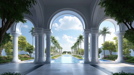 Poster - Elegant outdoor 3D design featuring arch buildings, set against a realistic background of nature and clear blue skies