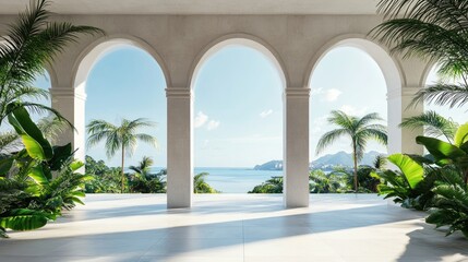 Poster - Elegant outdoor 3D design featuring arch buildings, set against a realistic background of nature and clear blue skies