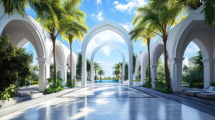 Poster - Elegant outdoor 3D design featuring arch buildings, set against a realistic background of nature and clear blue skies