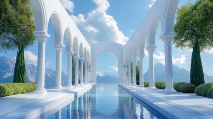 Poster - Elegant outdoor 3D design featuring arch buildings, set against a realistic background of nature and clear blue skies